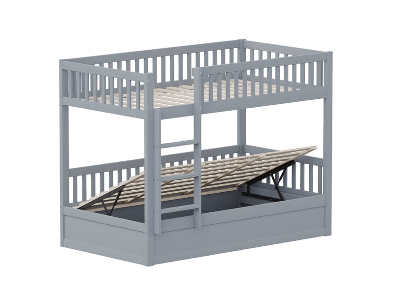  Lit superposé enfant avec rangement hydraulique, bois massif gris, 90x200 cm, structure robuste  - Conforama D
