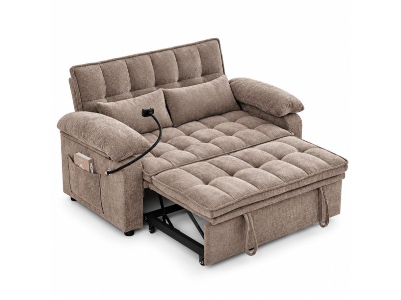 Canapé convertible 3-en-1 142 x 90 x 87 cm avec assise moelleuse, 2 coussins lombaires, tablette et porte-gobelet, chenille, marron OMNIGLINT TRADING LTD - Conforama A