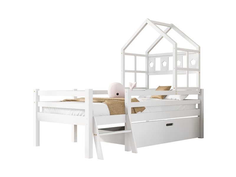  Lit 90x200cm, lit enfant avec échelle et tiroir, pin + mdf, protection, blanc, sans matelas  - Conforama A