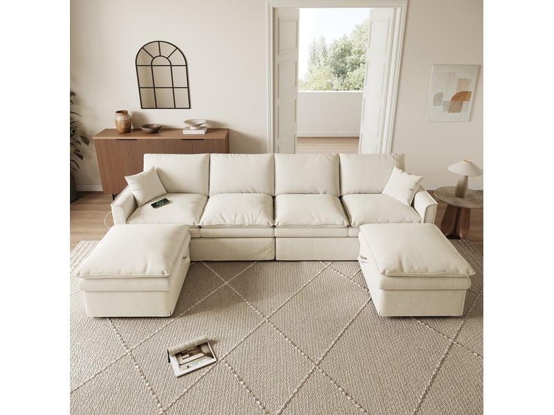  Canapé d’angle 6 places modulable u ou l 277x135x80 cm coton-lin beige  - Conforama B