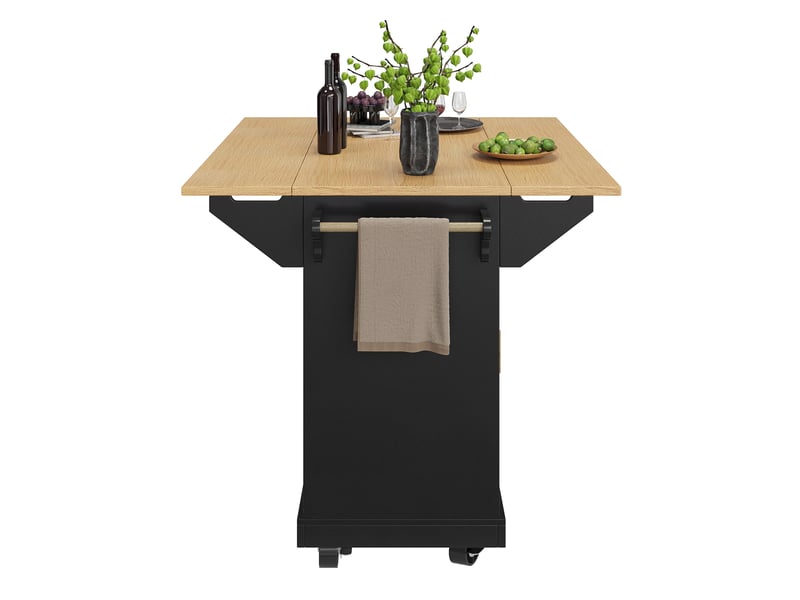  Desserte de cuisine 120x40x95 cm noire en mdf et métal, plateau rabattable et rangement sur roulettes  - Conforama E