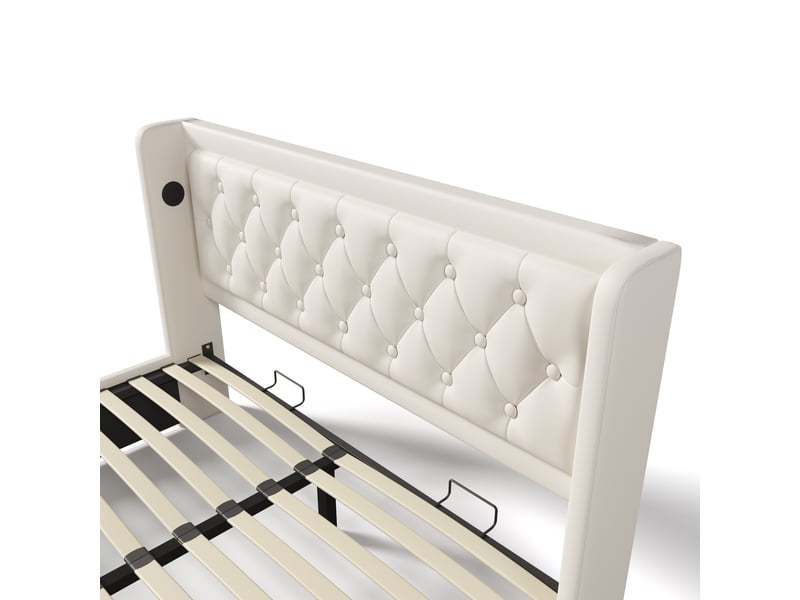  Lit coffre adulte 160x200 cm avec tissu en fond, lit double, led, port usb, type-c, pu blanc, matelas inclus  - Conforama E