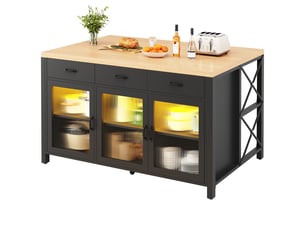 Îlot de cuisine,150x80x90 cm,avec 3 tiroirs, éclairage led,mdf et métal,noir