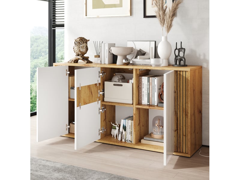  Buffet bas 140x35x71 cm, 3 portes, mdf laqué blanc et bois naturel, design simple, meuble de rangement salon et cuisine  - Conforama D