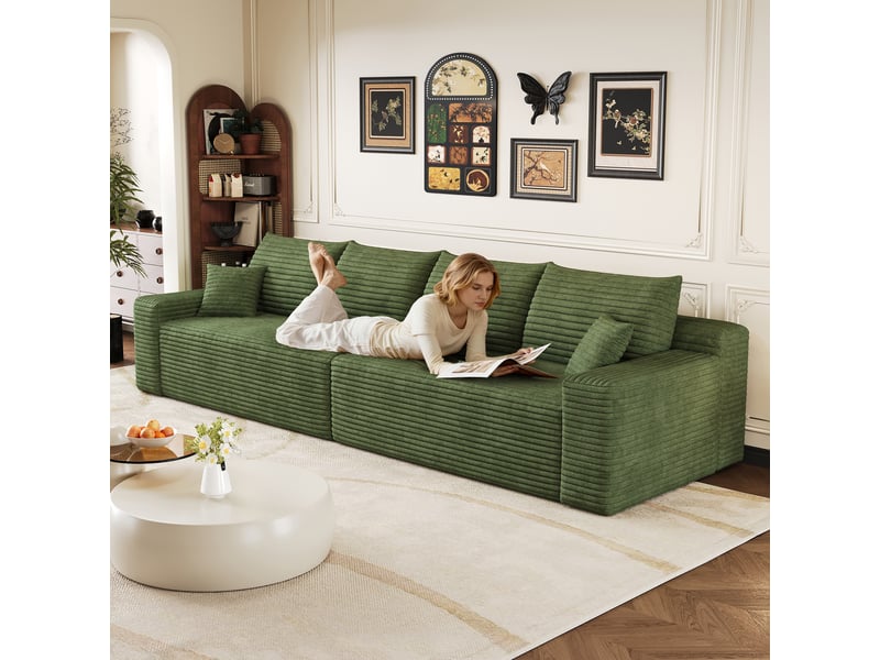  Canapé droit modulable 302 cm sans structure ni montage, canapé-lit en mousse et velours côtelé doux, design minimaliste pour salon, vert Seren Glow - Conforama D