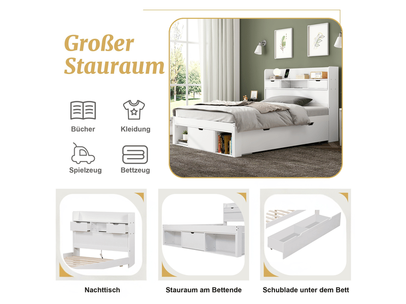  Lit simple 90x200 enfant blanc avec port usb et tiroirs de rangement - pin et mdf  - Conforama E