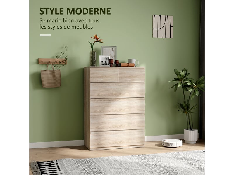  Commode 6 tiroirs meuble de rangement sans poignées design minimaliste 80 x 39 x 115 cm bois naturel  - Conforama D