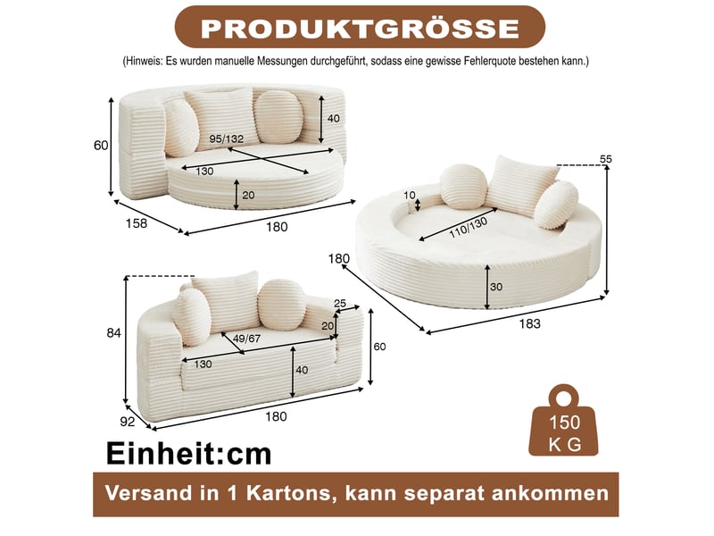  Canapé convertible 4 en 1 compressé, 180x92x84 cm en mousse confort  et velours côtelé couleur beige, simple  - Conforama C