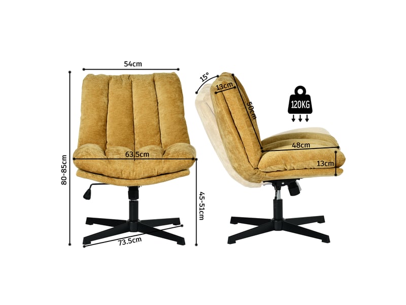 Fauteuil salon pivotant sur 360°, réglable en hauteur, sans accoudoirs, en tissu chenille, jaune - Conforama C