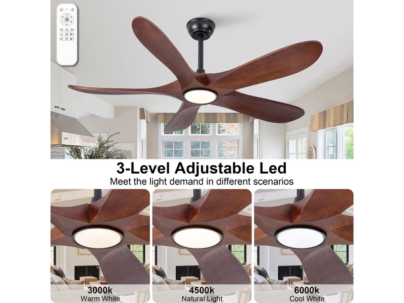  Ventilateur de plafond 132 cm éclairage led 3 couleurs dimmable 5 pales bois massif noyer et noir 6 vitesses télécommande silencieux  - Conforama C