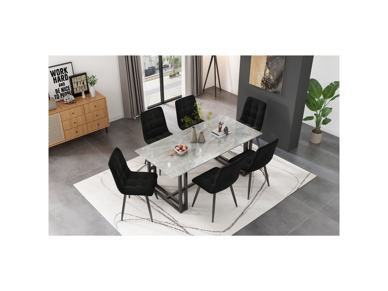  Lot de 4 chaises de salle à manger en velours noir – design moderne capitonné avec pieds en métal robuste et protection des sols  - Conforama D