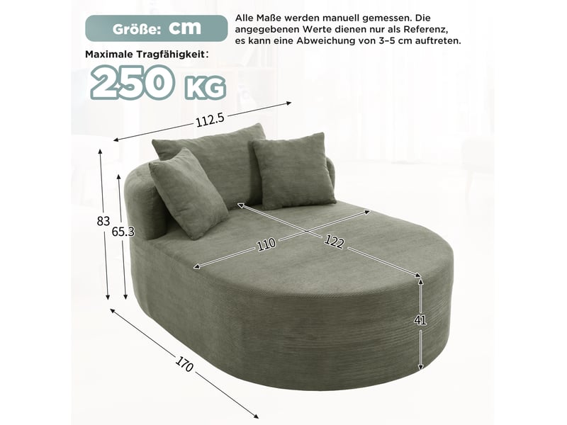  Fauteuil relax ovale à assise profonde avec coussin, sans montage, en velours côtelé vert, 170 × 112,5 × 83 cm  - Conforama C