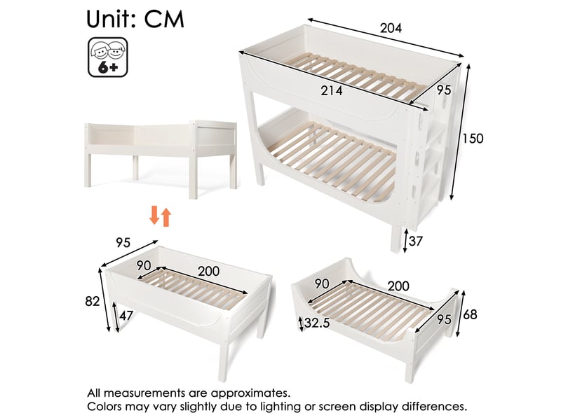  Lit superposé séparable 90x200 cm avec échelle modulable, design traîneau, transformable en deux lits simples, blanc  - Conforama C