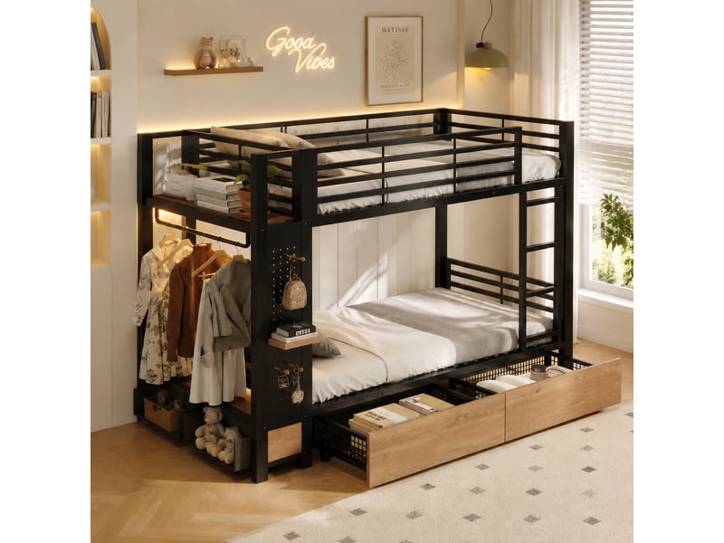  Lit superposé 90x200 cm, structure en fer, 4 tiroirs, rangements, bandeau led, panneau perforé, penderie, noir  - Conforama B