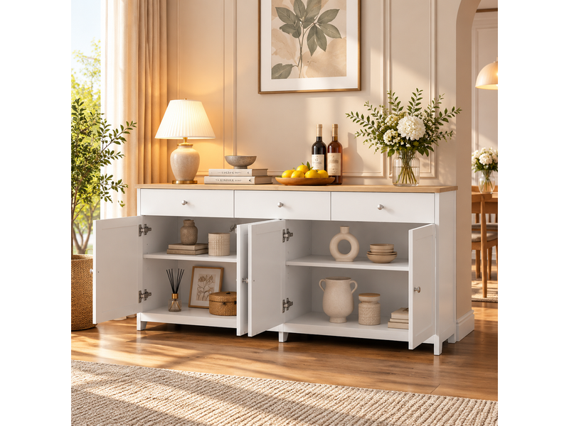 Buffet moderne 160cm, 4 portes et 3 tiroirs, étagères réglables, pour salon et salle à manger, blanc  - Conforama D