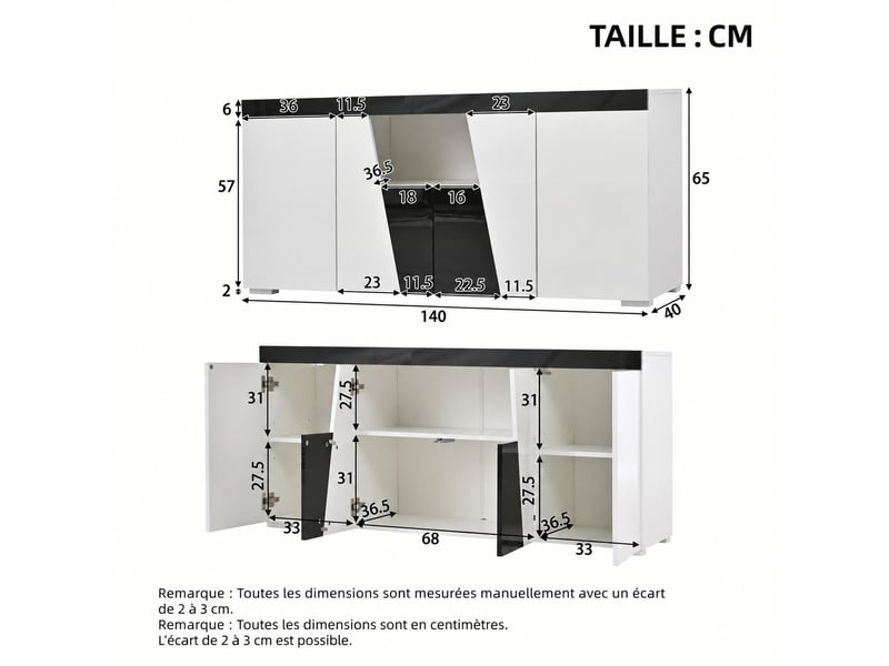 Ensemble meuble tv et buffet de salon avec éclairage led, meuble tv 180 x 38,5 x 45 cm et buffet 140 x 40 x 65 cm, noir et blanc - Conforama E