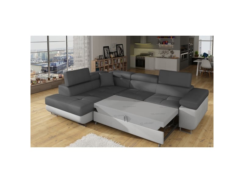  Canapé d'angle convertible menton gris et blanc bouclette – angle gauche avec coffre  - Conforama D