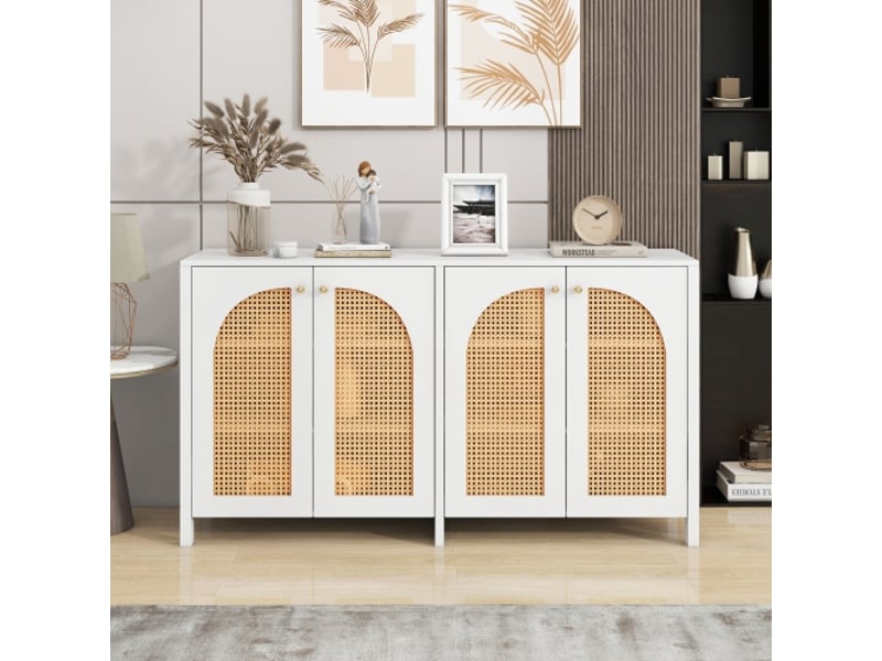  Buffet salon minimaliste moderne, 4 portes rotin, poignées métal, meuble simple pour salon, cuisine et salle à manger  - Conforama B
