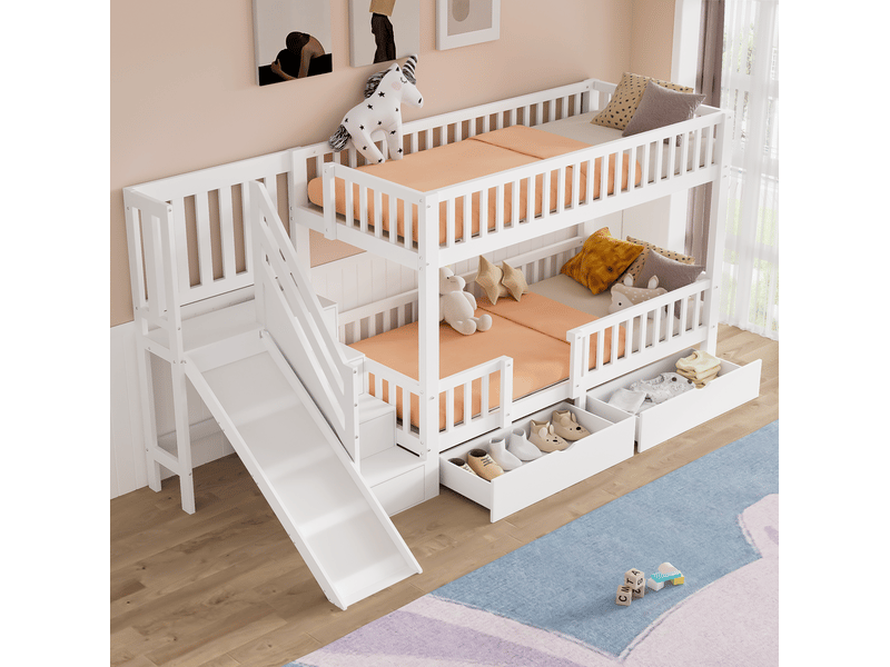  Lit superposé enfant 90x200 cm avec toboggan, escalier et 2 tiroirs blanc  - Conforama D