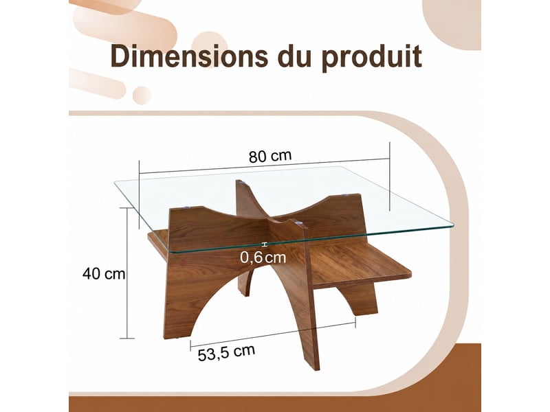  Table basse carrée 80 cm avec plateau en verre trempé et pieds en mdf effet noyer  - Conforama C