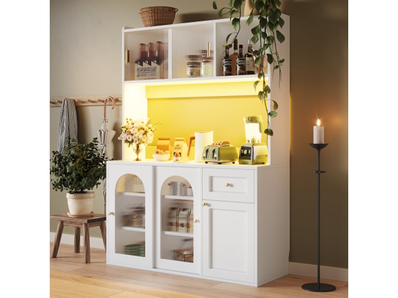  Buffet haut blanc 120 x 40 x 180 cm, vitrine + led + étagères réglables – rangement  - Conforama R