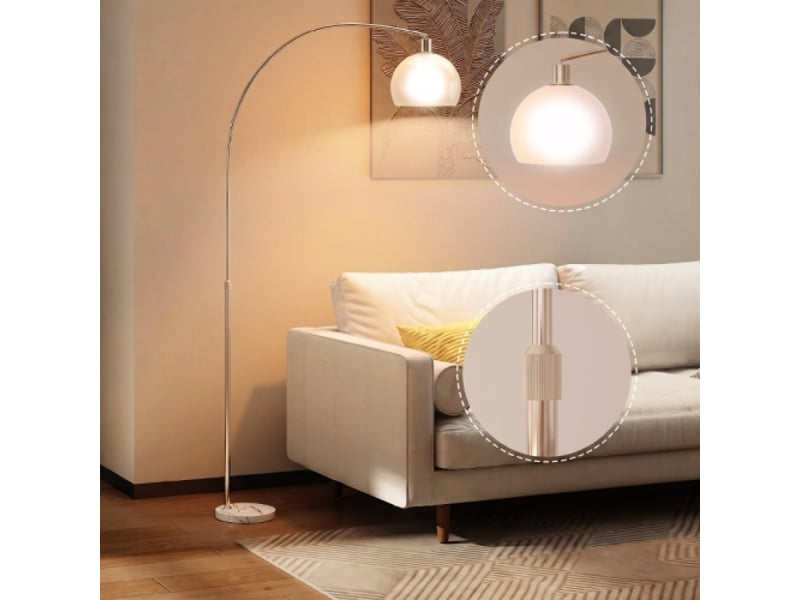  Lampadaire à tête courbée, blanc, socle en marbre, abat-jour plastique, interrupteur au pied  - Conforama C