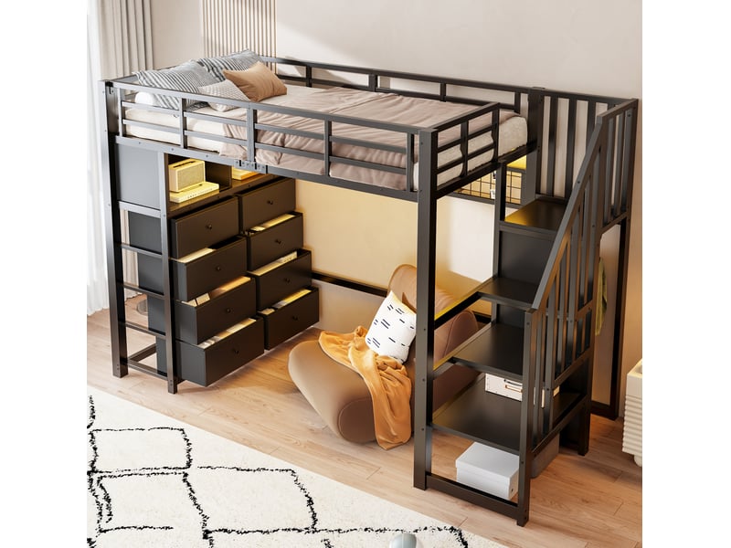  Lit mezzanine 90x200 cm avec rangement et led en métal et mdf noir  - Conforama B