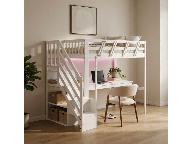  Gutenacht lit mezzanine bois 90x200cm, bureau, armoire, led, usb, blanc  - Conforama D