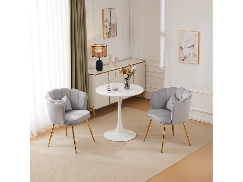  Fauteuils 58x63x77 cm lot de 2, dossier à pétales, pieds métal doré, coussins décoratifs, velours gris et confortable  - Conforama B
