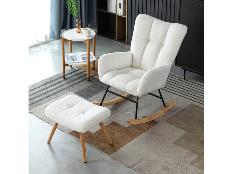  Fauteuil à bascule 65x94x92 cm avec repose-pieds 49x38x38 cm, coloris blanc  - Conforama E