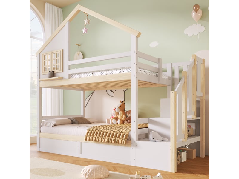  Lit superposé enfant 90x200 cm blanc et naturel avec rangement hydraulique  - Conforama D
