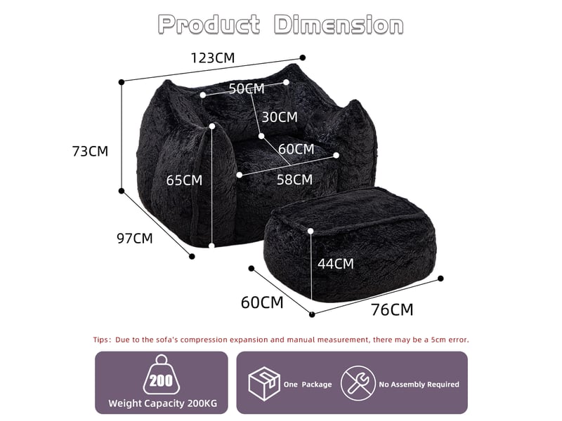  Fauteuil pouf géant noir en tissu effet fourrure, avec coussin et ottoman, sans montage, pour salon et chambre  - Conforama C