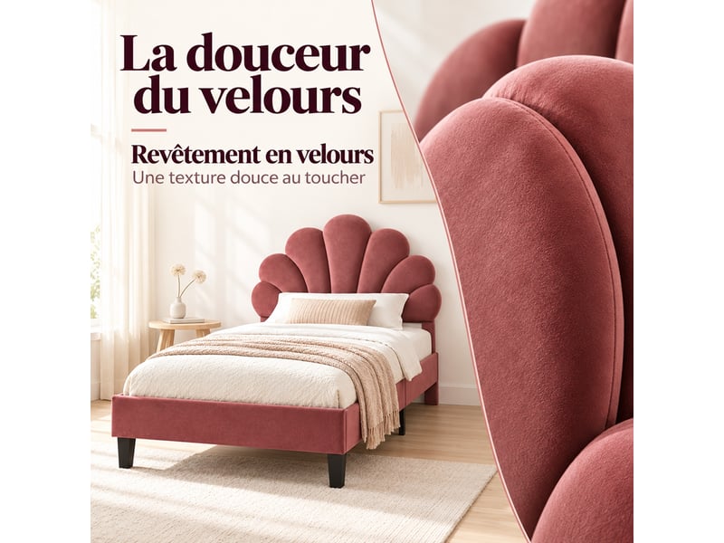  Lit enfant 90x200 cm en velours, lit simple rembourré avec sommier à lattes, tête de lit en forme de pétale réglable en hauteur, cadre de lit capitonné pour enfants et adolescents, rouge  - Conforama R