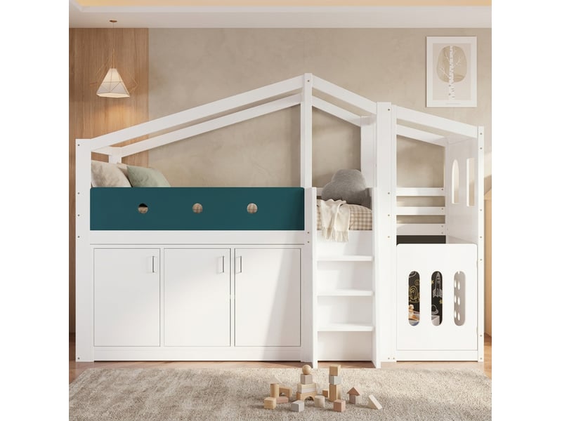 Lit mi-hauteur enfant 90x200 cm, cabane, armoire, aire de jeu, avec matelas non inclus, bois et mdf, blanc - Conforama B