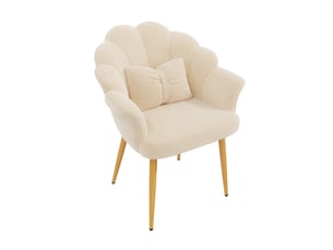 Lot de 6 fauteuils de salle à manger avec dossier pétale, accoudoirs, coussin nœud et pieds en métal doré, tissu bouclette teddy, beige