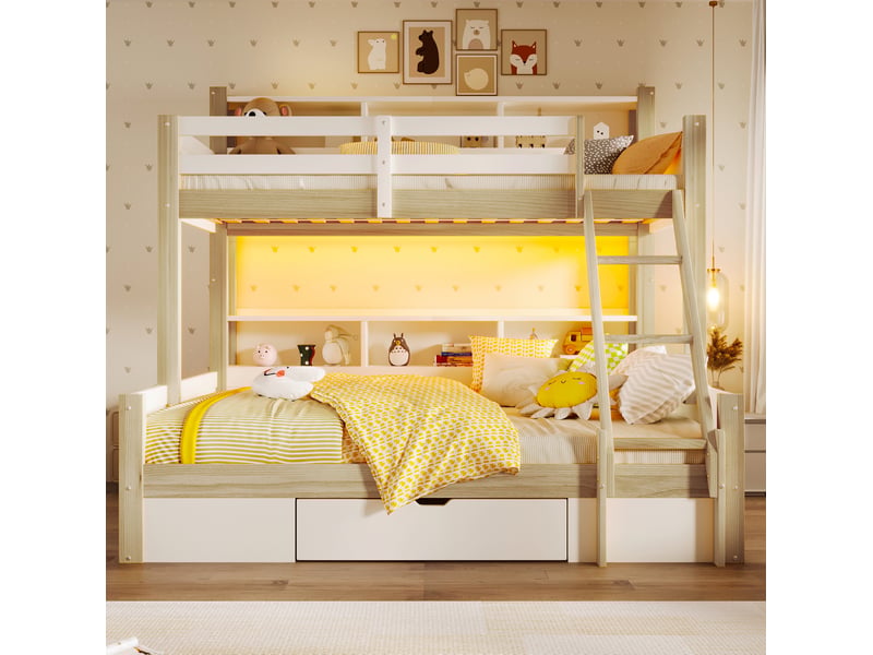  Lit superposé 90x200 cm et 140x200 cm avec rangements et led blanc naturel  - Conforama D