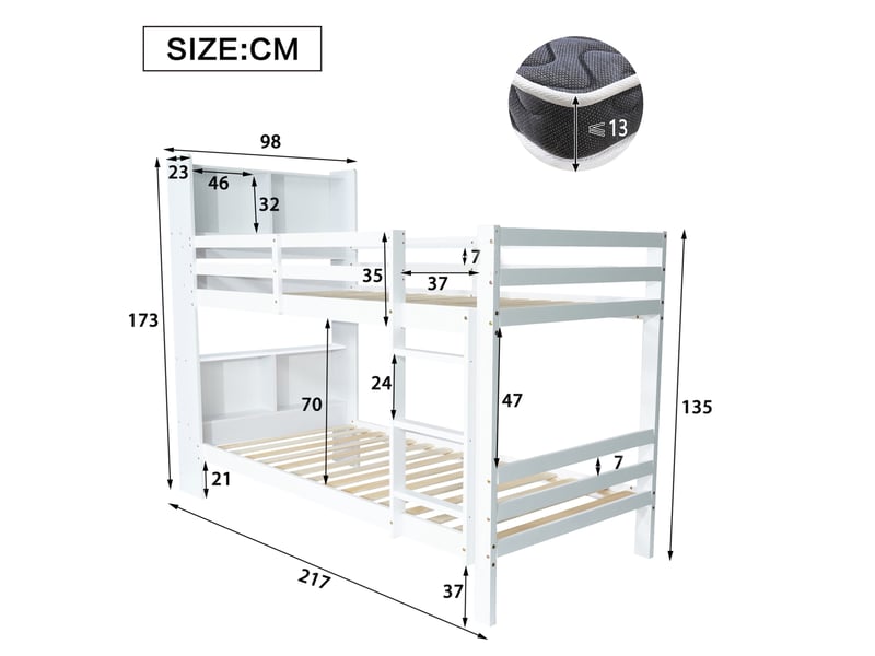 Modenvie lit superposé 90x200 cm - avec étagères de tête, échelle 3 marches, sans matelas - blanc - Conforama C