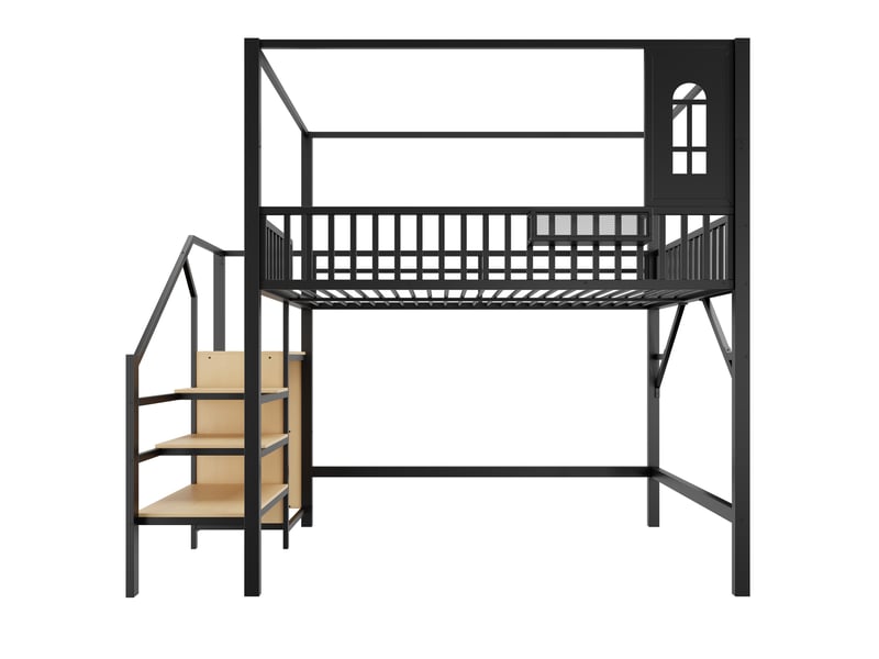  Lit mezzanine 140x200 cm en métal - structure avec échelle et rangements - espace sous lit 135 cm - noir  - Conforama E