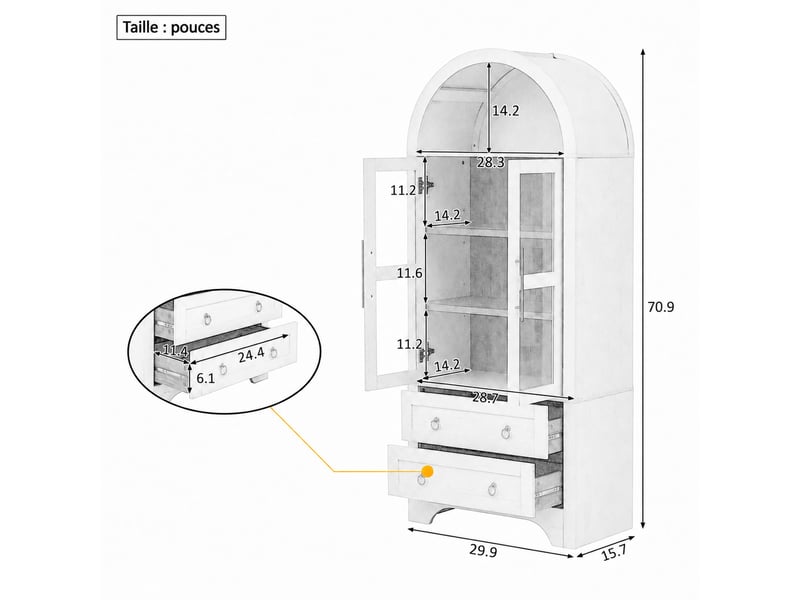 Buffet haut avec 2 portes vitrées, 2 tiroirs et 2 étagères réglables pour cuisine en mdf blanc, 76,2×40,1×180 cm - Conforama E
