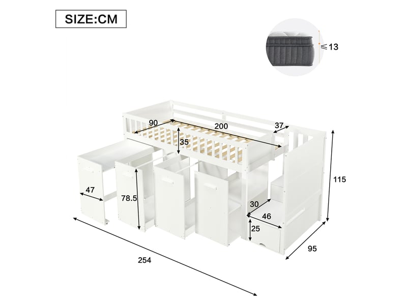  Lit mezzanine enfant 90x200 cm – blanc – bureau mobile, rangements et escalier à 2 compartiments - sans matelas  - Conforama C