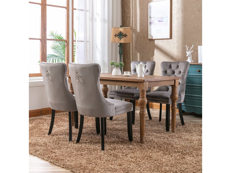  Lot de 2 chaises médaillon en velours gris assise capitonnée pieds bois  - Conforama C