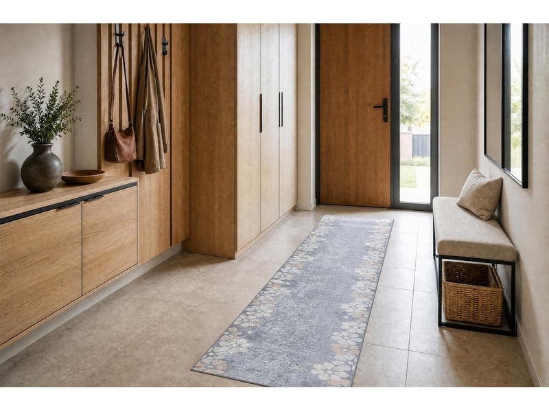 Tapis de couloir antidérapant lotus margaretka 60960 fleurs gris lavable 120 cm 120x440 cm - Conforama E