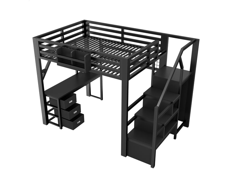  Lit mezzanine 140 x 200 cm, équipé d'un bureau, de tiroirs, de casiers de rangement et d'une armoire, éclairage led, noir  - Conforama E