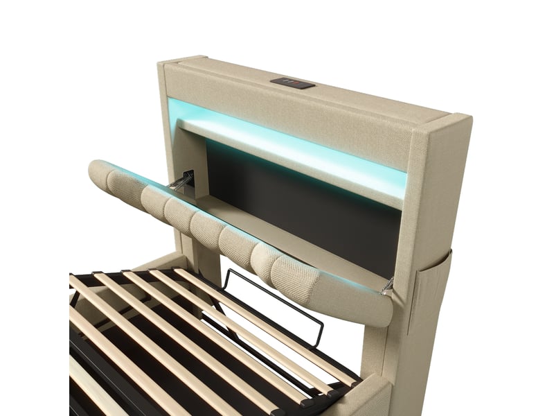  Lit coffre enfant 90x200cm avec led, tête de lit rangement, port usb type-c, sommier, lin beige, sans matelas  - Conforama E