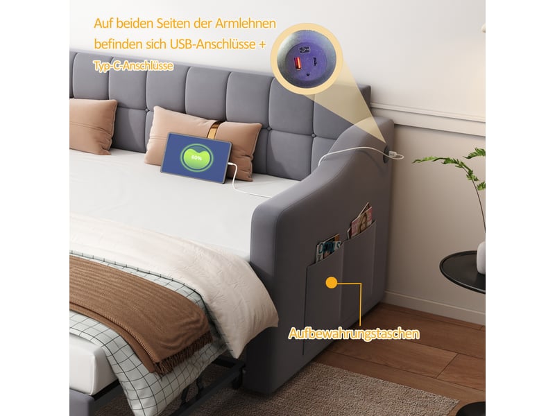  Canapé-lit 2 en 1 gris velours 90x180 – prise intégrée et poche de rangement, design chic  - Conforama D