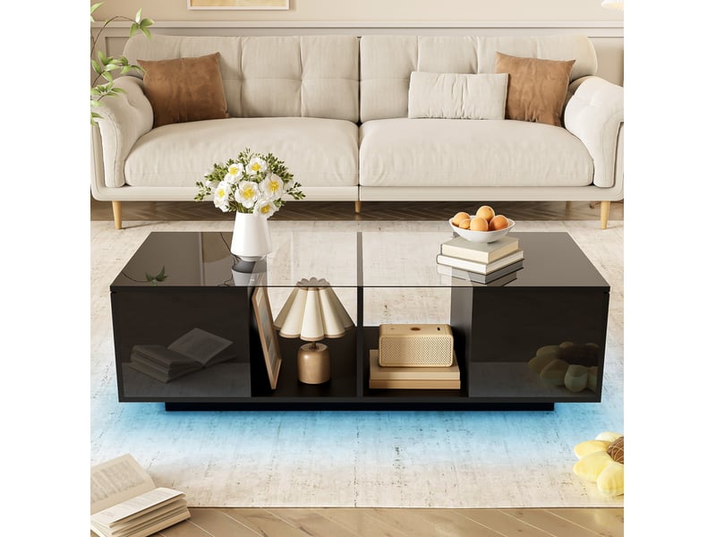  Table basse noire 120 x 50 cm avec led 16 couleurs, plateau en verre et rangements  - Conforama D