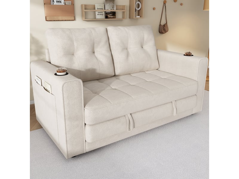 Canapé convertible 2 places 141x79x93 cm - canapé-lit extensible - dossier amovible et porte-gobelets - chenille - beige CozyNest - Conforama B