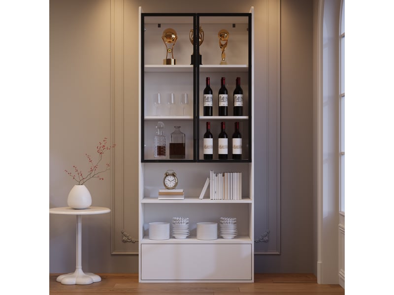  Vitrine haute 80x34x180 cm blanche avec led, portes en verre et tiroir  - Conforama B