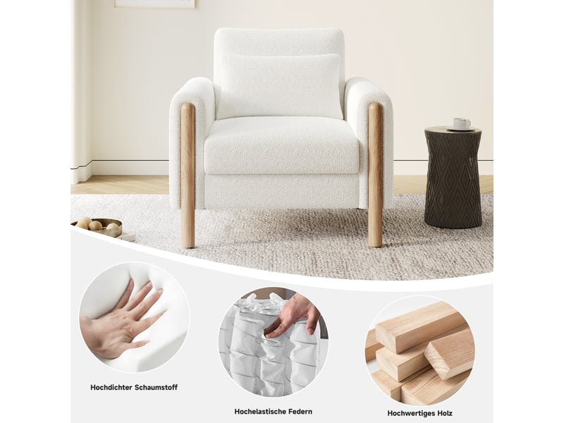  Fauteuil d'accent 87x83x88.5cm – fauteuil salon individuel avec coussin épais et oreiller lombaire – peluche – blanc  - Conforama E
