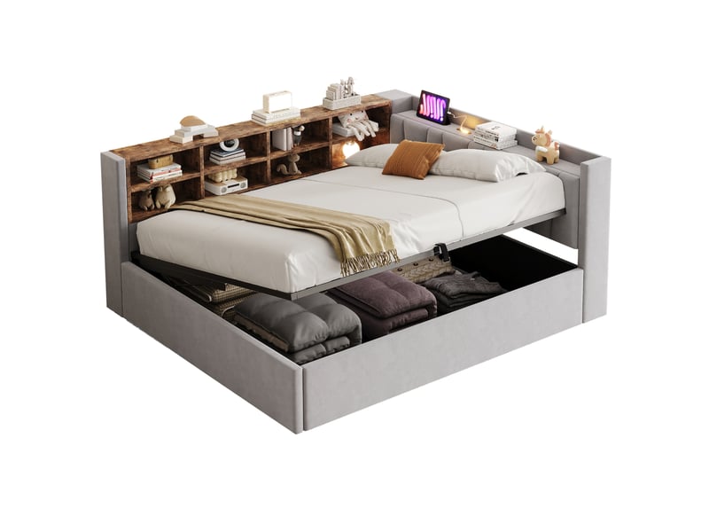  Lit rembourré 140 x 200 cm avec rangement hydraulique, éclairage de nuit et ports usbusb-c gris clair  - Conforama A